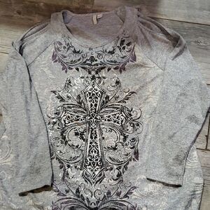 Gray Long Sleeve Shirt with Cross Pattern